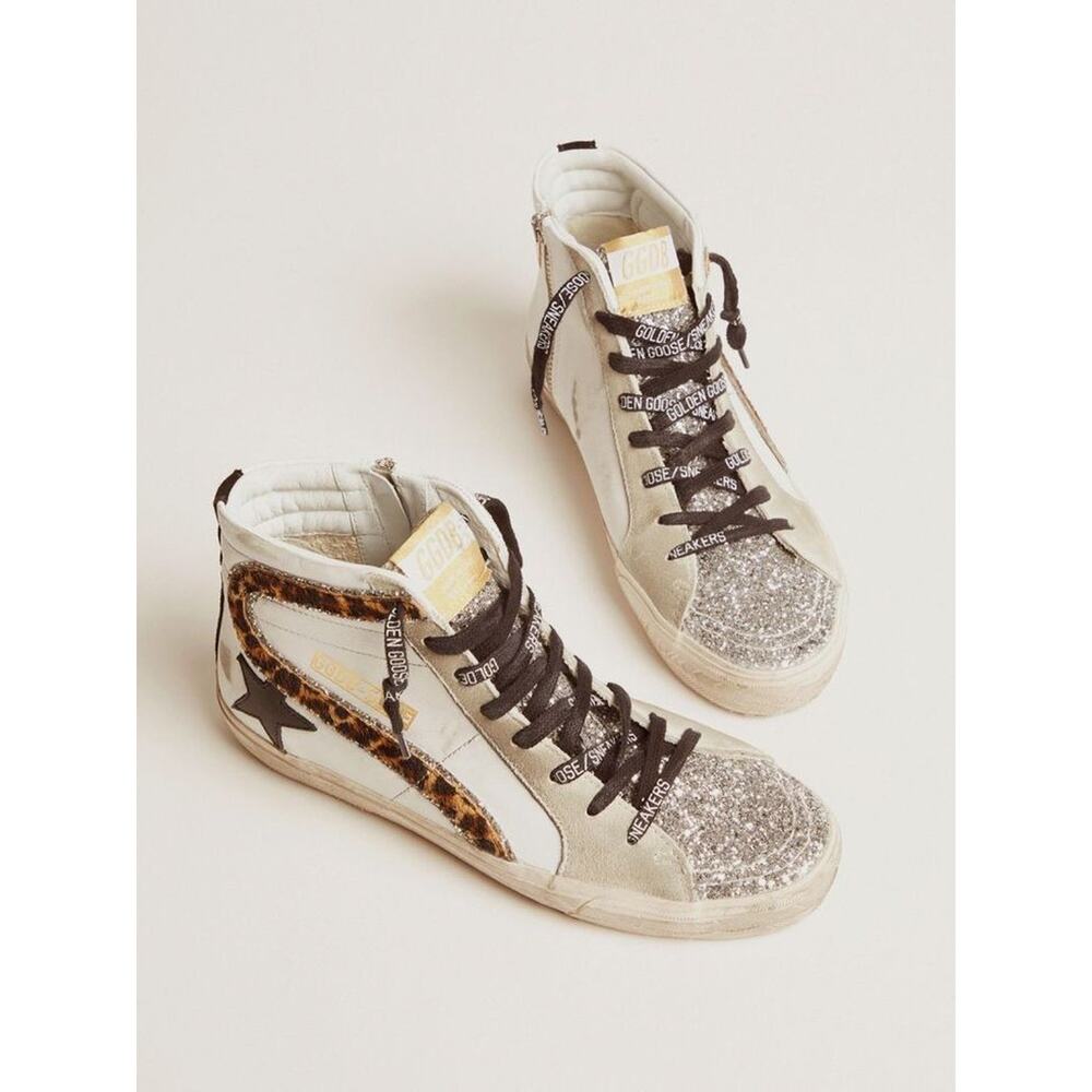 Golden Goose Slide High Top Glitter Toe Leather Quarter and Star Horsy Wave